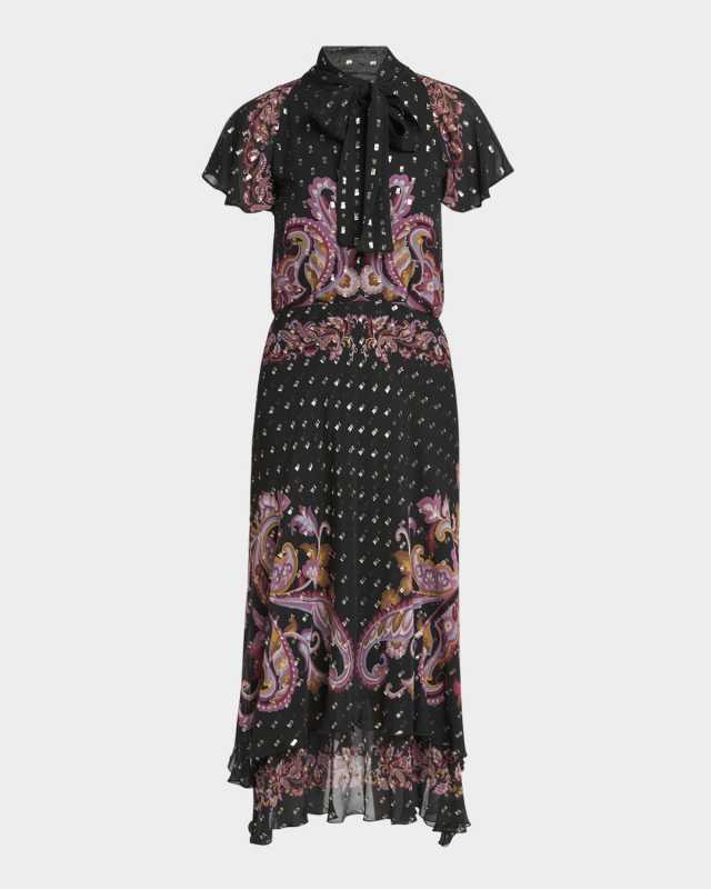 Paisley-Print Neck-Tie Plisse Georgette Midi Dress